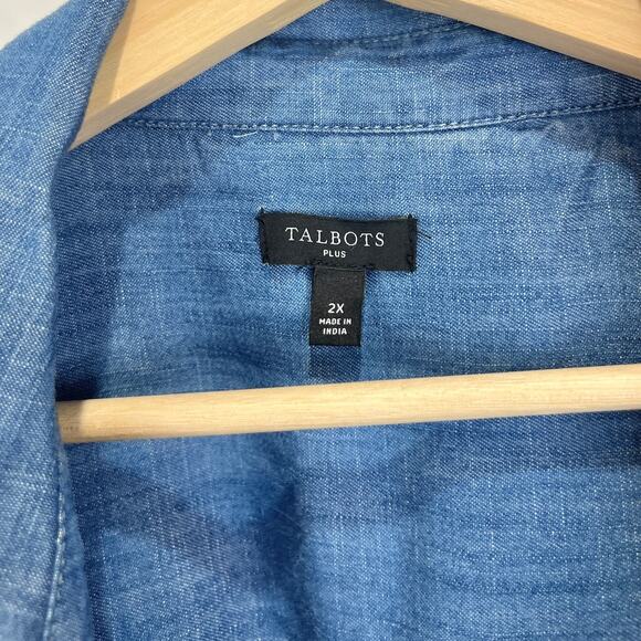 TALBOTS Popover Tunic Top Rolled Short Sleeve Henley Chambray Blue Size 2X Plus - Picture 3 of 10